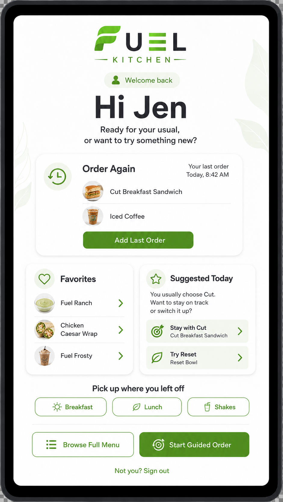 Fuel Kitchen favorites and reorder screen