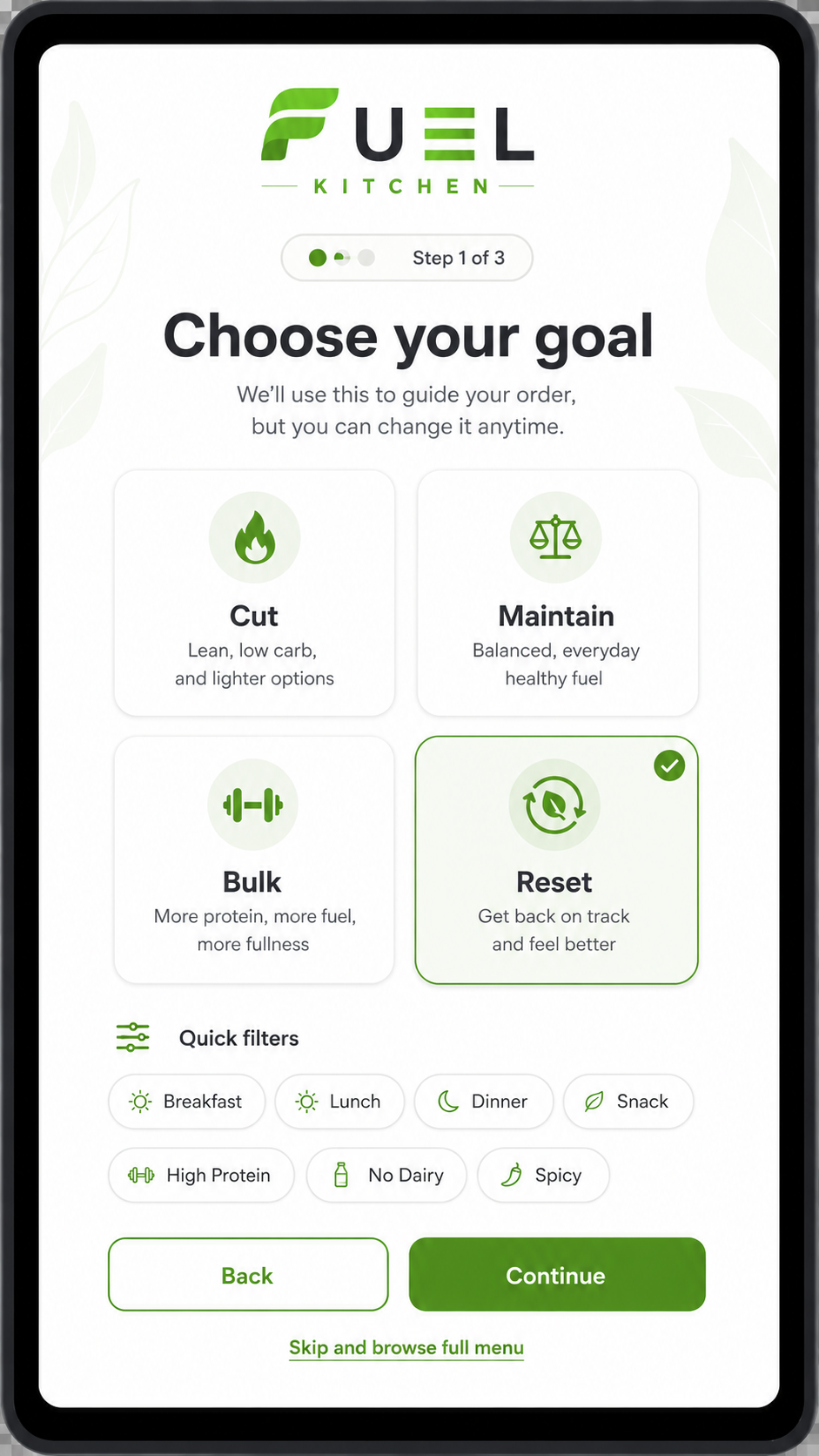 Fuel Kitchen goal selection screen