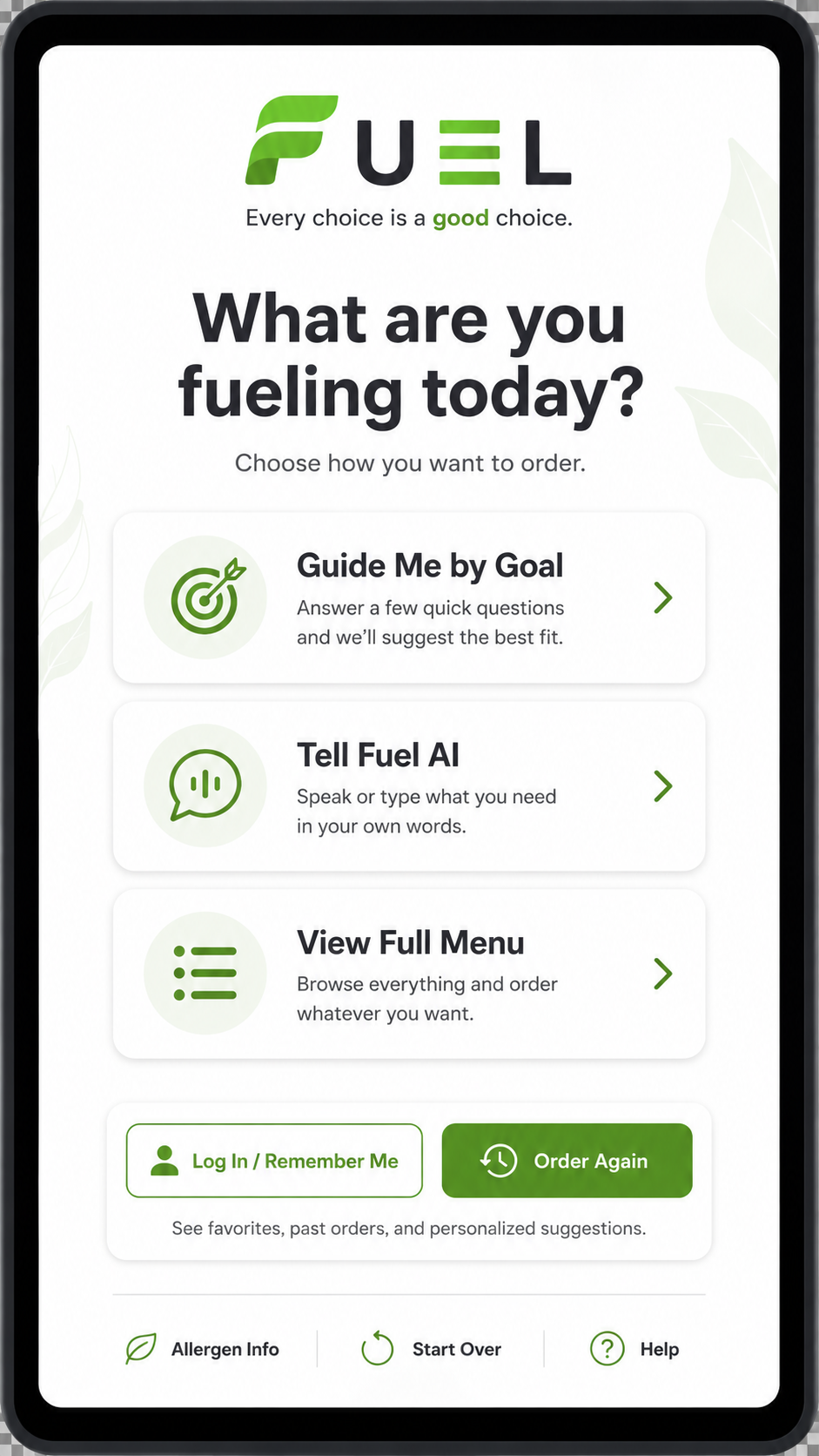 Fuel Kitchen kiosk home screen